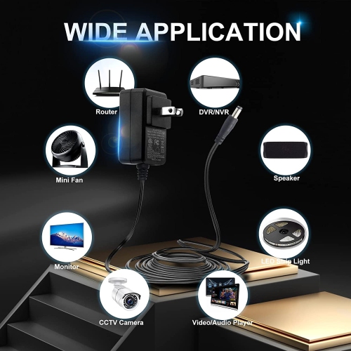 Power Adapter AC 100-240V to DC 12V 2A & 4-Way Power Splitter Cable for CCTV Security Camera/DVR/NVR/LED Strip Lights, ETL/FCC/CE Certificated