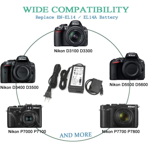 EP-5A Dc Coupler EH-5 AC Power Adapter Kit Replacement Nikon EL-14/ EL-14a Battery Charger for Nikon D3100 D3200 D3300 D3400 D5100 D5200 D5300 D5500