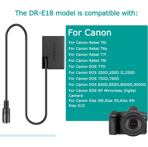 Câble USB ACK-E18 + batterie factice DR-E18 + adaptateur USB QC3.0 pour EOS 750D Kiss X8i T6i 760D T6S 77D 800D 200D Rebel SL2 SL3 de Canon