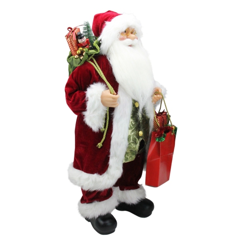 24" Red and White Santa Claus with Gift Bags and Green Vest Christmas Figure