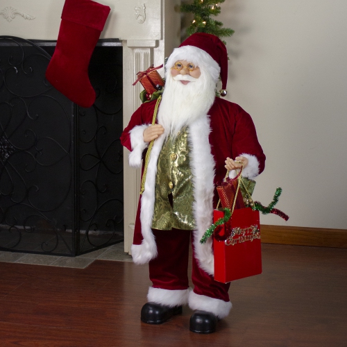 24" Red and White Santa Claus with Gift Bags and Green Vest Christmas Figure