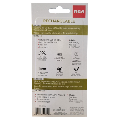 RCA RFL5001 - LED Flashlight, Rechargeable, Super Brigh 120 Lumens with Zoom