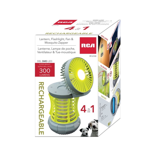 RCA RFL0100 - 4-in-1 Rechargeable Lantern, Led Flashlight, Foldable Fan & Mosquito Zapper