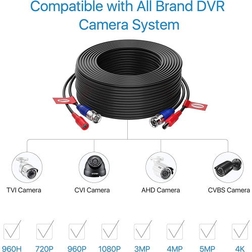 ZOSI 4X100FT(30M) Security Camera Cable All-in-One CCTV Video Power Wire BNC RCA Cord Cable for 4K 8MP 5MP 1080P Security Camera DVR System