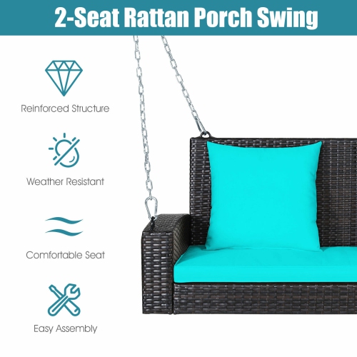 2-Person Wicker Hanging Porch Swing with 2 Back Cushions and 1 Seat Cushion