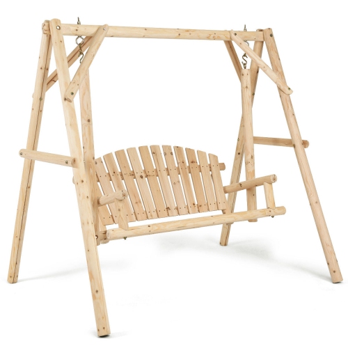 SLICKBLUE  Outdoor Wooden Porch Bench Swing Chair With Rustic Curved Back