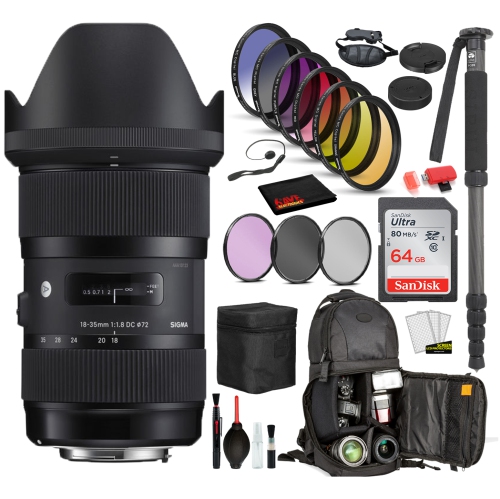 SIGMA  18-35MM F/1.8 Dc Hsm Art Lens for Nikon F With Bundle Includes: Sandisk 64GB Sd Card, 9PC Filter Kit + More