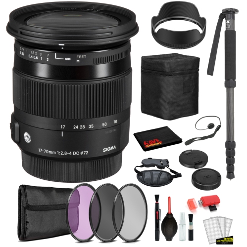 Sigma 17-70mm f/2.8-4 DC Macro OS HSM Contemporary Lens for Canon EF with  Bundle Includes: 3PC Filter Kit + More