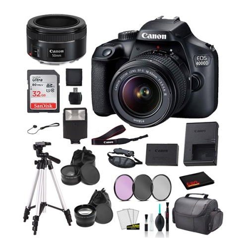 Canon EOS 4000D (Rebel T100) EF-S 18-55mm and EF 50mm f/1.8 STM Lens Bundle �SanDisk 32gb + Filters + - International