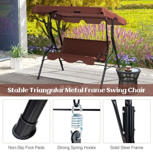 3 Seat Outdoor Patio Canopy Swing with Cushioned Steel Frame
