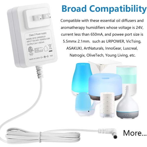 Dolaer 24V 0.5A 500mA Power Supply Adapter for Essential Oil Diffuser Aromatherapy Humidifier ETL Listed Class 2 Power Adapter 100V~240V AC to DC 24