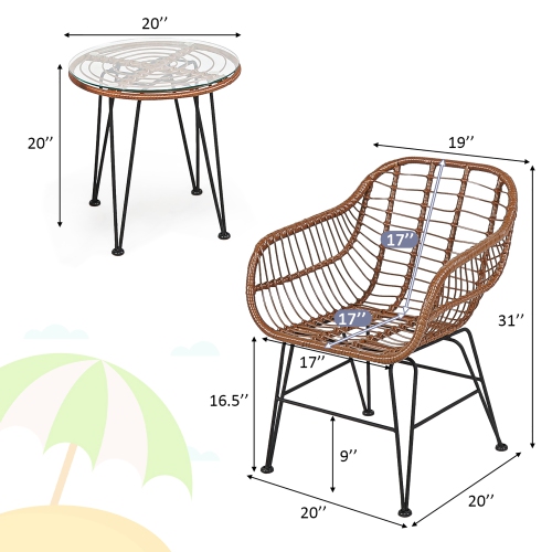 Ensemble patio de bistro de 3PCS pièces en rotin avec table basse et fauteuil à accoudoirs avec coussin de Costway