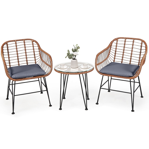 Ensemble patio de bistro de 3PCS pièces en rotin avec table basse et fauteuil à accoudoirs avec coussin de Costway