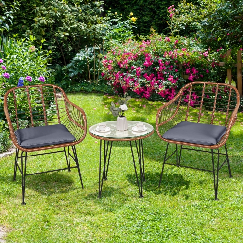 Ensemble patio de bistro de 3PCS pièces en rotin avec table basse et fauteuil à accoudoirs avec coussin de Costway