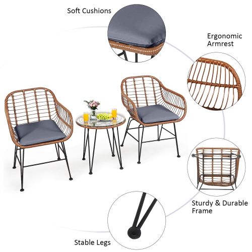 Ensemble patio de bistro de 3PCS pièces en rotin avec table basse et fauteuil à accoudoirs avec coussin de Costway
