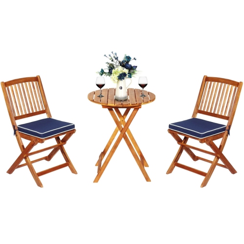 SLICKBLUE  3 Pieces Patio Folding Wooden Bistro Set Cushioned Chair-Navy