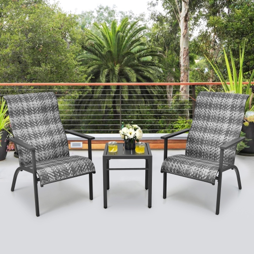 COSTWAY  3 PCs Patio Rattan Bistro Set High Backrest Armrest Sidetable