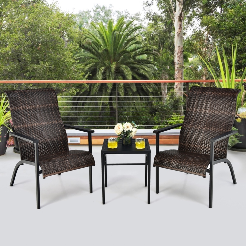 Costway 3 PCS Patio Rattan Bistro Set High Backrest Armrest SideTable