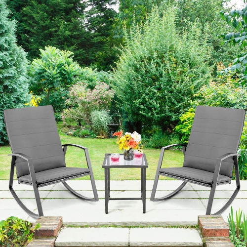 COSTWAY  3PCs Patio Rattan Rocking Chair Table Furniture Set Yard W/cushion