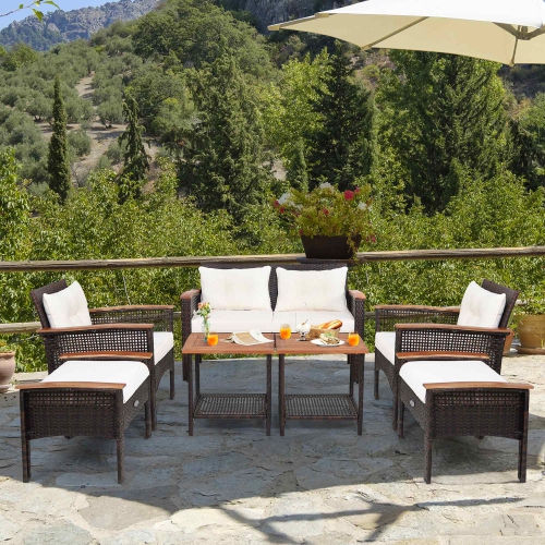 Costway 7PCS Patio Rattan Furniture Set Cushioned Loveseat Sofa Ottoman Table