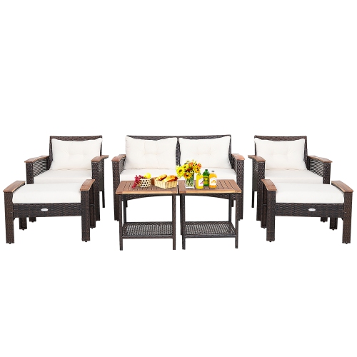 Costway 7PCS Patio Rattan Furniture Set Cushioned Loveseat Sofa Ottoman Table