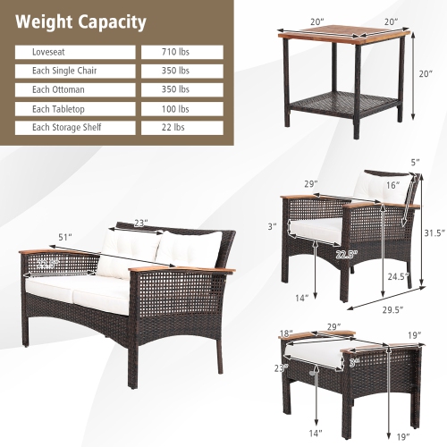 Costway 7PCS Patio Rattan Furniture Set Cushioned Loveseat Sofa Ottoman Table