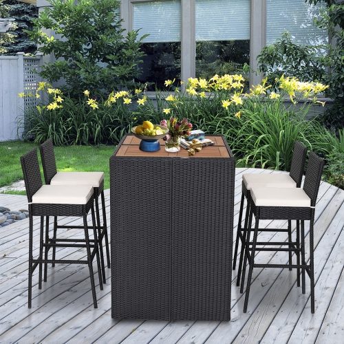 Costway 5-Piece Patio PE Wicker Bar Set Outdoor Acacia Wood Dining Table Stool Bistro