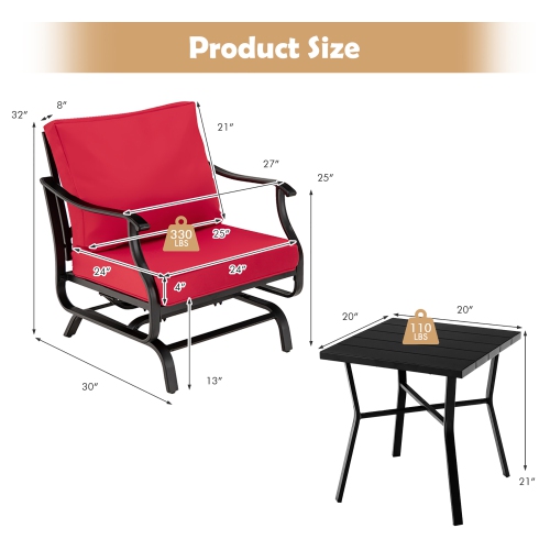Costway 3PCS Patio Rocking Bistro Set Cushioned Chair Armrest Side Table Red