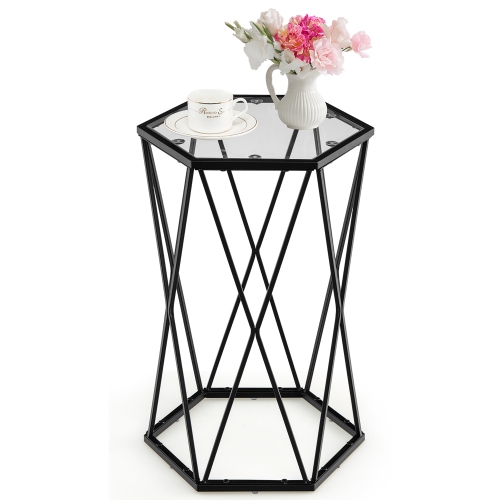 COSTWAY  End Table Tempered Glass Top Metal Frame Hexagonal Accent Side Table Living Room