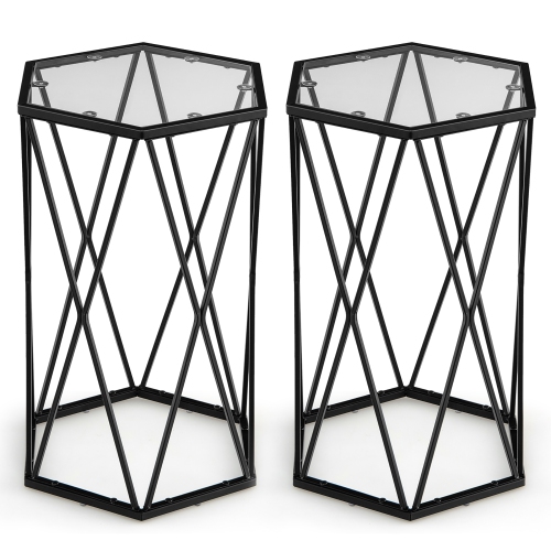 Costway Set of 2 End Table Tempered Glass Top Metal Frame Hexagonal Accent Side Table