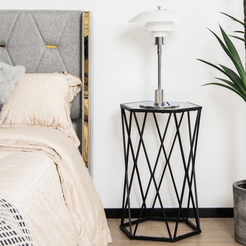 Costway Set of 2 End Table Tempered Glass Top Metal Frame Hexagonal Accent Side Table