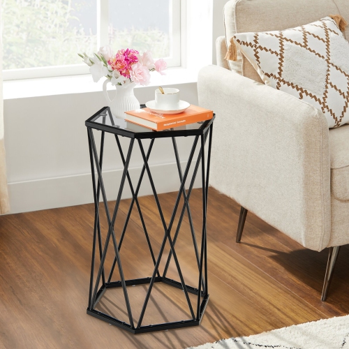 Costway Set of 2 End Table Tempered Glass Top Metal Frame Hexagonal Accent Side Table