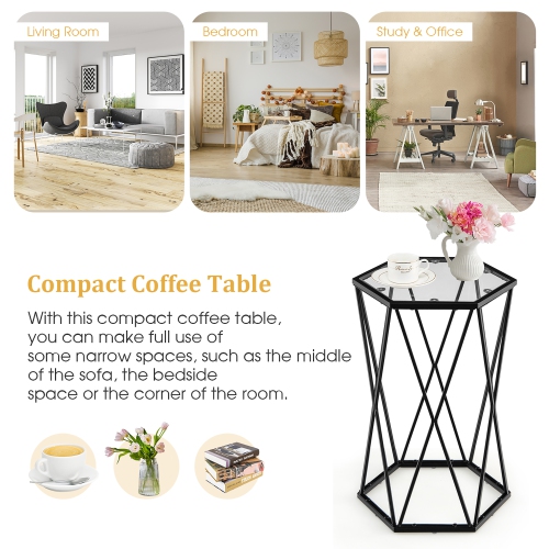 Costway Set of 2 End Table Tempered Glass Top Metal Frame Hexagonal Accent Side Table