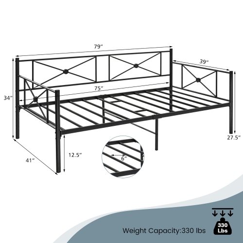Costway Twin Metal Daybed Frame with Slats Classic Mattress Foundation Bed Sofa