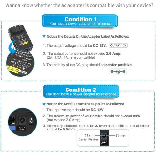 Dolaer AC Adapter, 12V/2A AC DC Switching Power Supply Adapter(Input 100-240V, Output 12V 2A) with DC Connector Gift ,