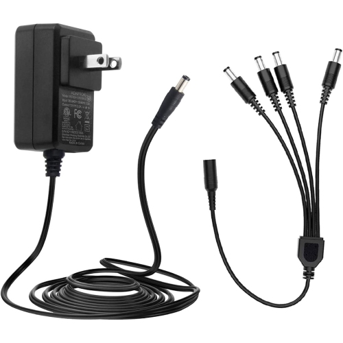 Dolaer Power Adapter AC 100-240V to DC 12V 2A & 4-Way Power Splitter Cable for CCTV Security Camera/DVR/NVR/LED Strip Lights, ETL/FCC/CE Certificated