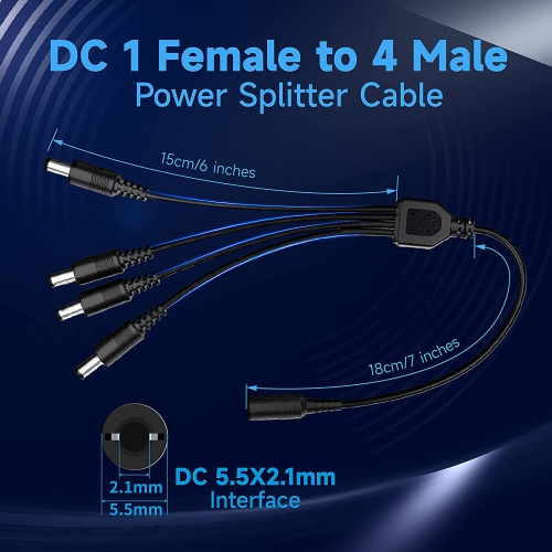 Dolaer Power Adapter AC 100-240V to DC 12V 2A & 4-Way Power Splitter Cable for CCTV Security Camera/DVR/NVR/LED Strip Lights, ETL/FCC/CE Certificated