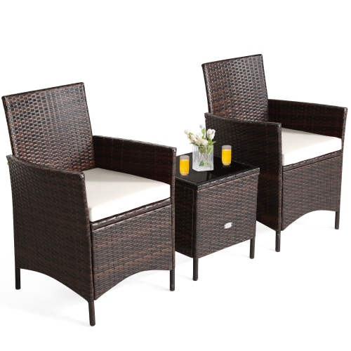 Topbuy 3 Pieces Patio Rattan Conversation Furniture Wicker Chairs with Coffee Table & Cushions Red/Blue