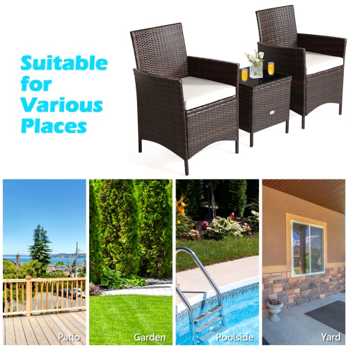 Topbuy 3 Pieces Patio Rattan Conversation Furniture Wicker Chairs with Coffee Table & Cushions Red/Blue