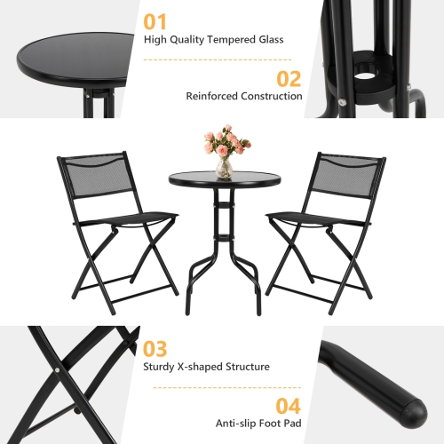 Topbuy 3-Piece Patio Bistro Dining Furniture Set, Outdoor Patio Conversation Set with Round Black Tempered Glass Tabletop and 2 Folding Chairs