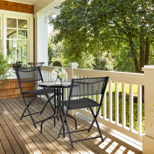 Topbuy 3-Piece Patio Bistro Dining Furniture Set, Outdoor Patio Conversation Set with Round Black Tempered Glass Tabletop and 2 Folding Chairs