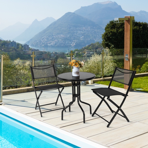 Topbuy 3-Piece Patio Bistro Dining Furniture Set, Outdoor Patio Conversation Set with Round Black Tempered Glass Tabletop and 2 Folding Chairs