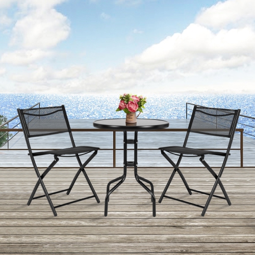 Topbuy 3-Piece Patio Bistro Dining Furniture Set, Outdoor Patio Conversation Set with Round Black Tempered Glass Tabletop and 2 Folding Chairs