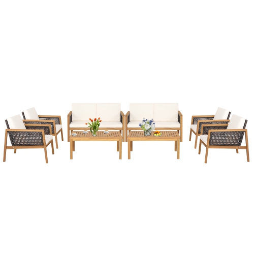 TOPBUY  Patiojoy 8-Piece Patio Acacia Wood Furniture Set Outdoor Pe Rattan Conversation Set With Removable Cushions