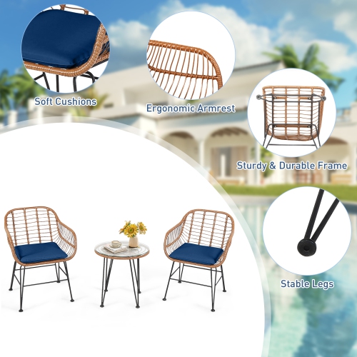 Topbuy 3 PCS Patio Rattan Furniture Set with Round Tempered Glass Top Table & 2 Rattan Armchairs White/Turquoise/Red