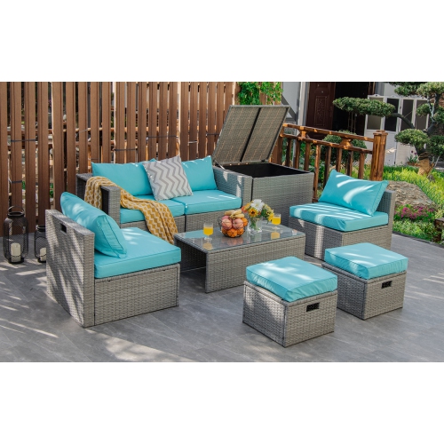 TOPBUY  Patiojoy 8 Pieces All-Weather Pe Rattan Patio Furniture Set Outdoor Space-Saving Sectional Sofa Set With Storage Box