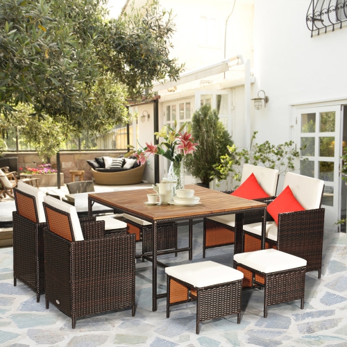 Topbuy 9-Piece Patio Dining Table Set Conversation Furniture Set with Cushioned Seat