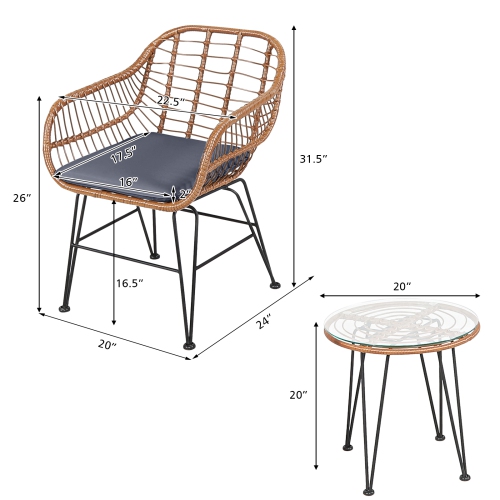 Topbuy 3 PCS Patio Rattan Furniture Set with Round Tempered Glass Top Table & 2 Rattan Armchairs White/Turquoise/Red