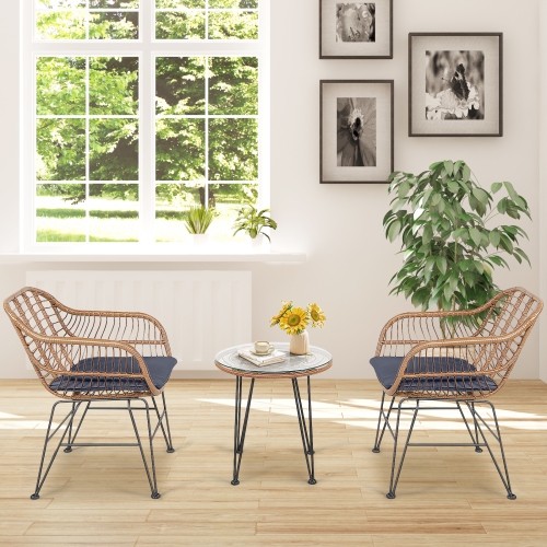 Topbuy 3 PCS Patio Rattan Furniture Set with Round Tempered Glass Top Table & 2 Rattan Armchairs White/Turquoise/Red