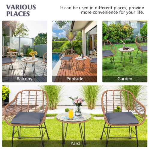 Topbuy 3 PCS Patio Rattan Furniture Set with Round Tempered Glass Top Table & 2 Rattan Armchairs White/Turquoise/Red